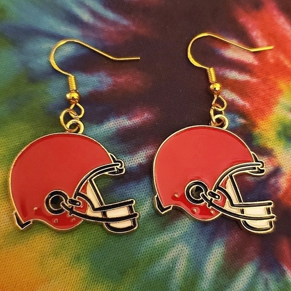 Hand Crafted Jewelry - Handmade Red Black White Football Helmet Dangle Earrings